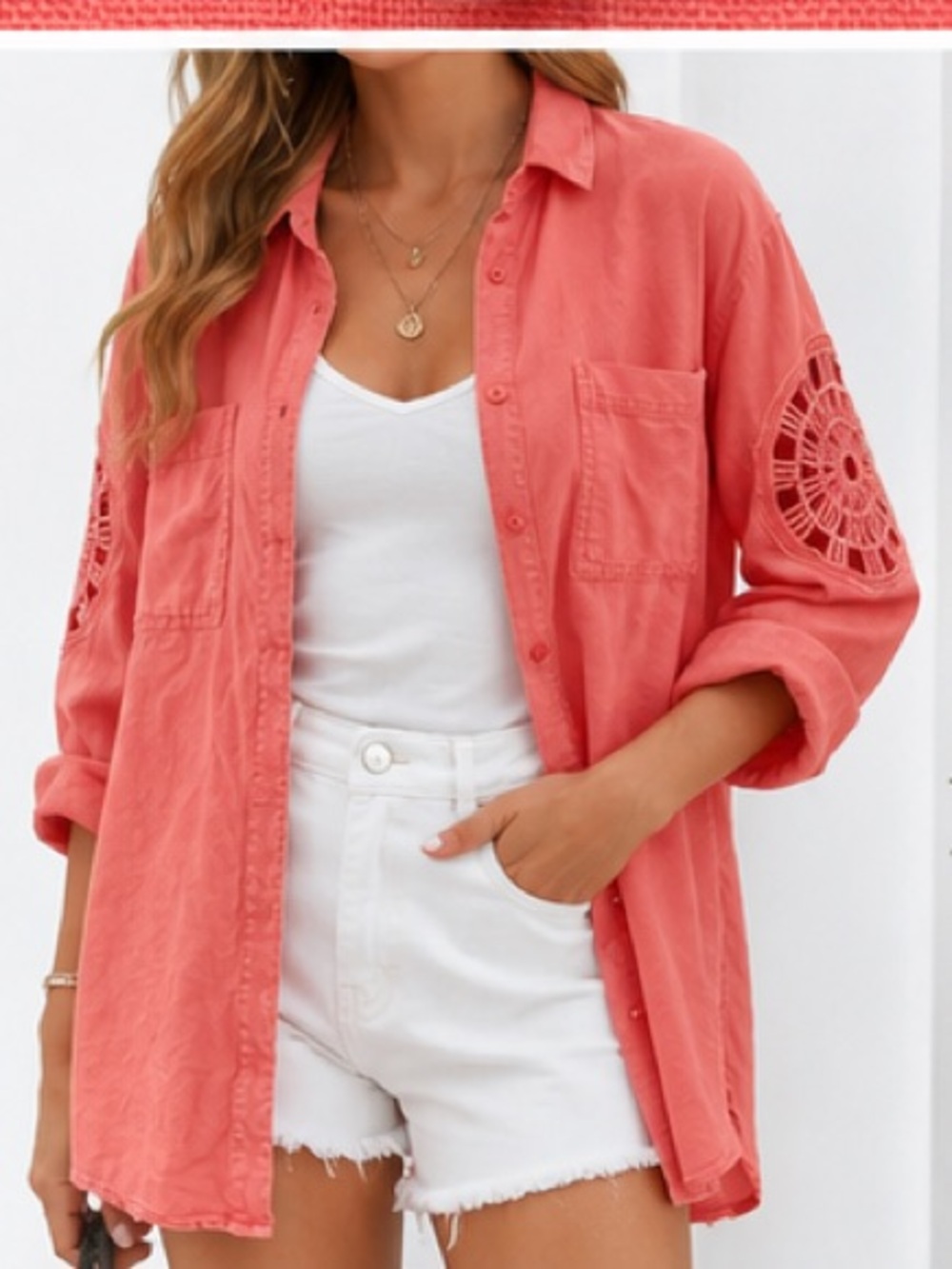 YFB Coral Crochet-Sleeve Linen-Blend Button Front Tunic - M